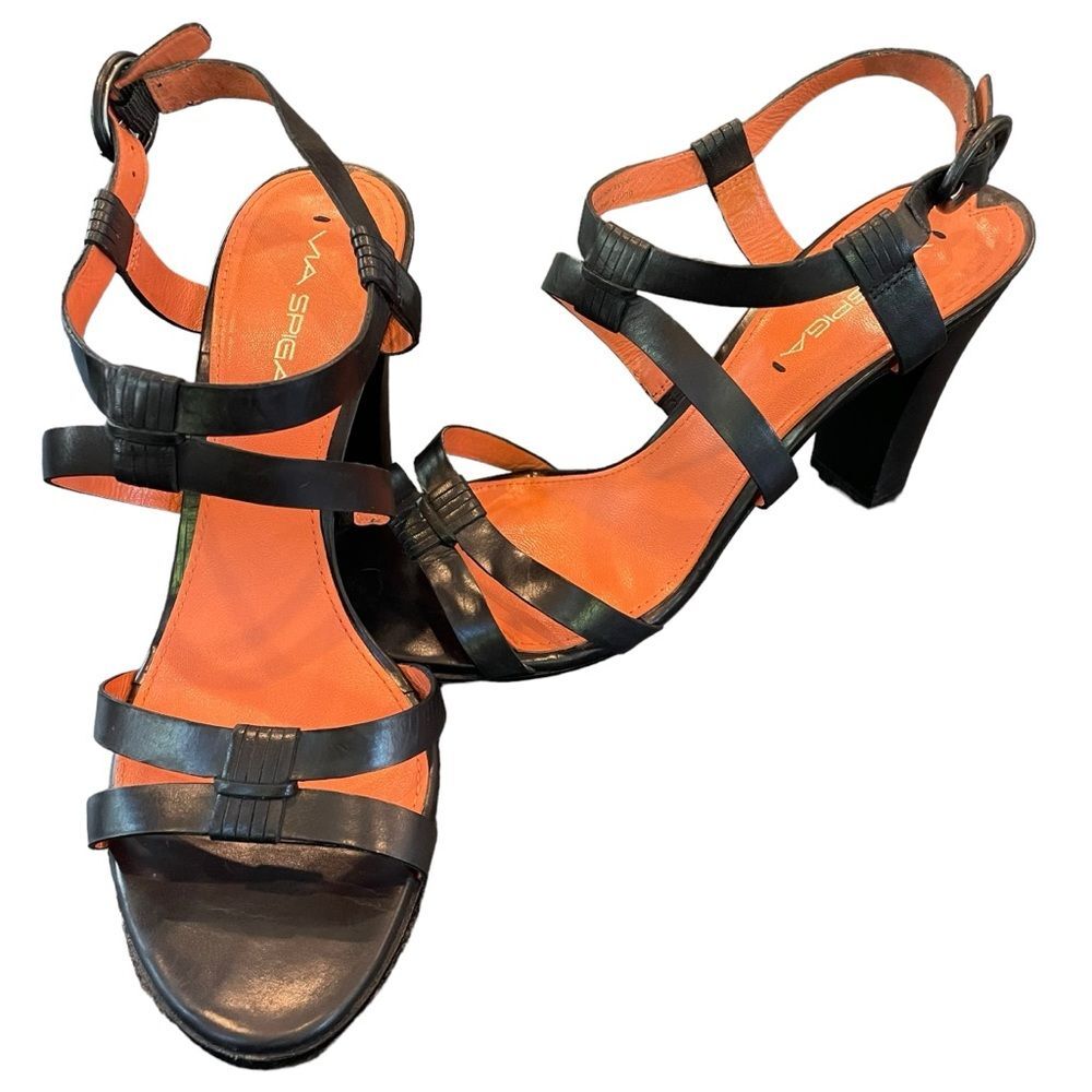 Via Spiga Black Leather Women's Open Toe Strappy Heels Sandals Size 9M